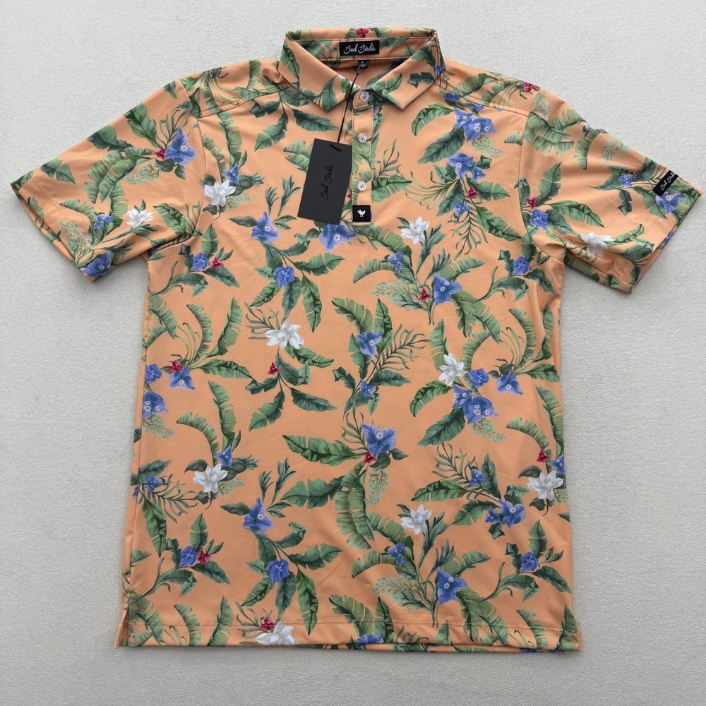 Bad Birdie Mens XXL 2XL Core Polo Orange Flora Fiesta Golf Shirt 4 Way Stretch - Picture 2 of 6